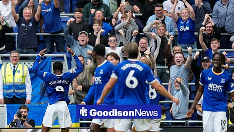 Everton fans and players celebrating at Hill Dickinson Stadium