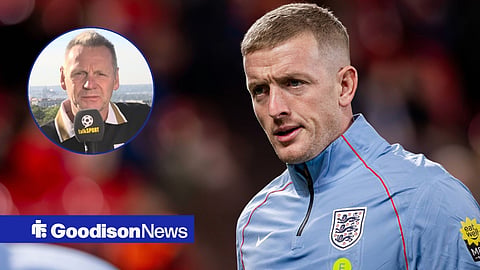 Jordan Pickford warming up for England and Stuart Pearce speaking on talkSPORT