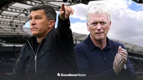 Hull manager Sergej Jakirovic and Everton boss David Moyes side by side, with Hull's stadium in the background