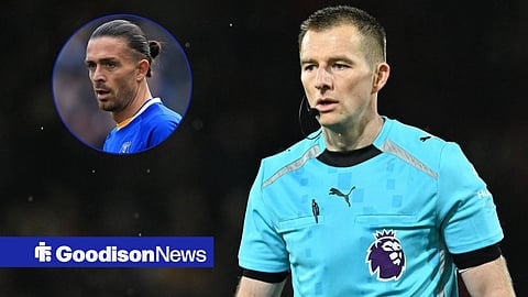 Premier League referee Michael Salisbury, and Everton's Jack Grealish in a circular frame inset