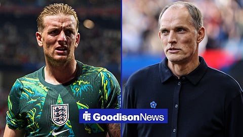 Jordan Pickford playing for England and Thomas Tuchel looking concentrated 