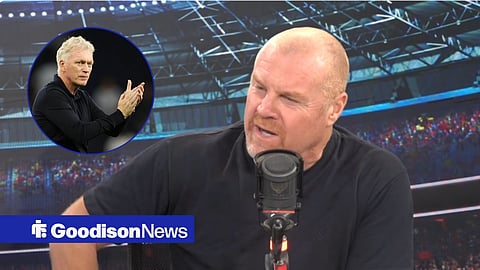 Sean Dyche speaking on talkSPORT, with David Moyes clapping in a circular frame inset