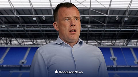 Angus Kinnear looking shocked ahead of Hill Dickinson Stadium background