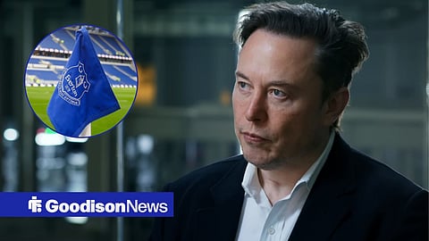Elon Musk speaking to TED looking towards a circle inset of an Everton flag at Hill Dickinson Stadium