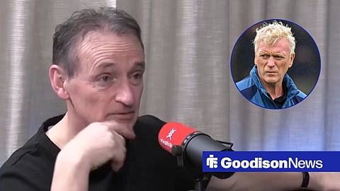 Pat Nevin speaking on a podcast, with David Moyes in a circular frame inset
