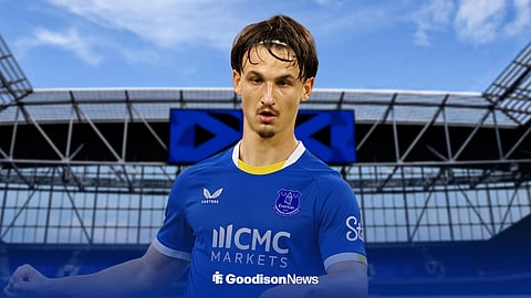 Esteban Lepaul in an Everton kit, with Hill Dickinson Stadium in the background