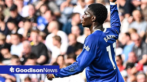 Everton striker Thierno Barry gesticulating in the Premier League