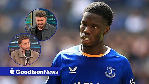 Everton striker Thierno Barry, and Sam Matterface and Alex Crook in circular insets