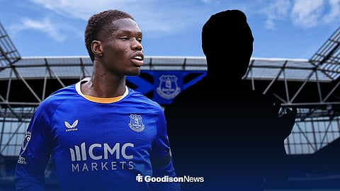 Everton's Thierno Barry next to a blank player silhouette with Hill Dickinson Stadium background