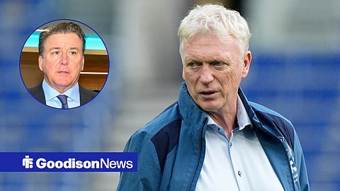 David Moyes at Everton looking at Dan Friedkin in a circular frame inset