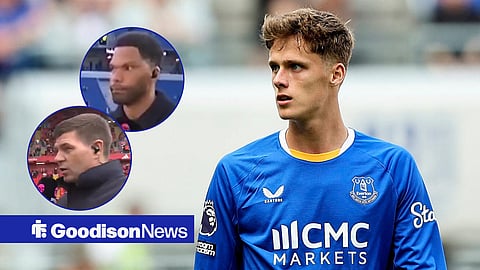Everton midfielder Harrison Armstrong, and Joleon Lescott and Steven Gerrard in circular insets.