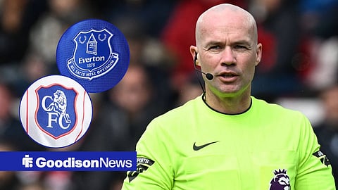 Paul Tierney looking towards circle insets of the Everton and Chelsea badges