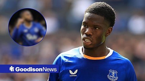 Thierno Barry playing for Everton looking at Beto celebrating for Everton