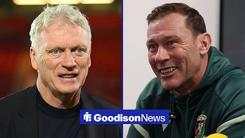 David Moyes smiling on the left, and Duncan Ferguson smiling in a Glentoran press conference on the right