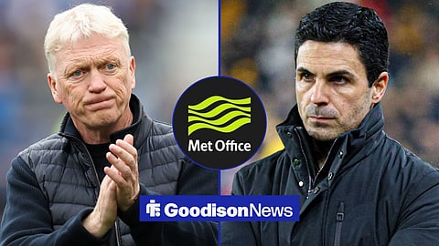 Everton manager David Moyes and Arsenal manager Mikel Arteta with the Met Office's logo in a circular inset