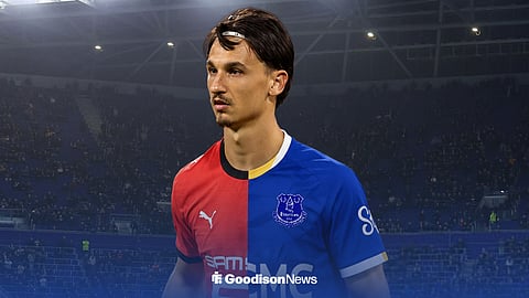 Esteban Lepaul in a half Everton and half Rennes shirt