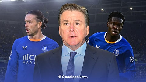 An image of Dan Friedkin flanked by Jack Grealish and Thierno Barry, with Everton's Hill Dickinson Stadium in the background.