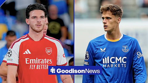 Split image of Arsenal star Declan Rice and Everton midfielder Harrison Armstrong
