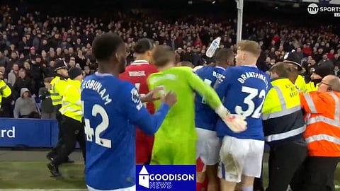 Everton and Liverpool players were involved in chaotic full-time scenes at Goodison Park [Credit: TNT Sports]