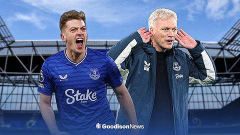 Liam Delap in an Everton shirt alongside David Moyes, as both are standing inside of Hill Dickinson Stadium.