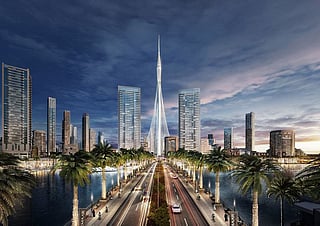 A digital rendering of the Dubai Creek Tower - which will be the tallest building in the world when completed - flanked by developments in the Dubai Creek Harbour project