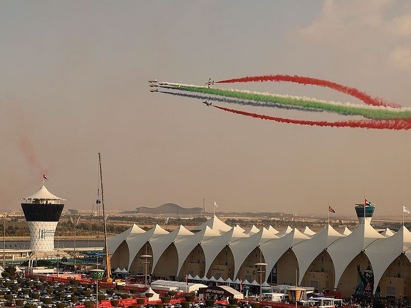 UAE aerobatic display team Fursan Al Emarat perform at Abu Dhabi Grand Prix