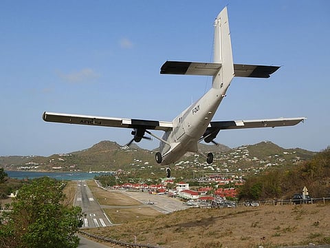 Saint Barthelemy Airport, also known as Gustaf III Airport, is a public-use airport located in the village of St. Jean on the Caribbean island of St. Barths. It is considered one of the most dangerous airports in the world because pilots have to descend steeply down over a hilltop on to an extremely short runway that ends on the beach.