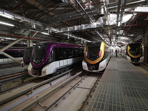 Trains are seen parked at a parking station during a tour of the Riyadh Metro in the Saudi capital.