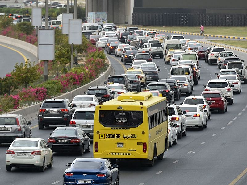 A school bus on Ittihad road in Sharjah heading towards Dubai during the morning rush hours, on the first day of school. 