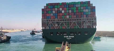 The Panama-flagged MV 'Ever Given' (operated by Taiwan-based Evergreen Marine) container ship as it begins to move.