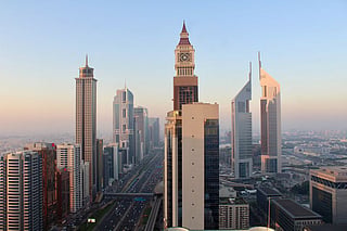 Skyscrapers line Sheikh Zayed Road, one of Dubai’s main highways connecting the emirate with Abu Dhabi, UAE.