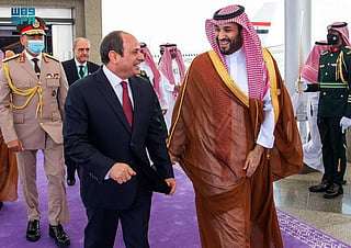 Egyptian President Abdul Fattah Al Sissi with Saudi Crown Prince Mohammed bin Salman. Egypt's parliament has authorised defensive military support for Saudi Arabia amid escalating Houthi attacks.