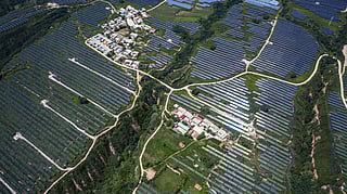 Photo shows solar panels at a plant co-owned by Longi Green Energy Technology Co. and China Three Gorges Corp. in this aerial photograph taken in Tongchuan, Shaanxi Province, China. Longi is the world's largest producer of solar wafers and the world's largest solar company by market value.