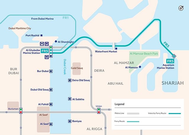 The ferry shuttles between Al Ghubaiba Marine Station in Dubai and Aquarium Marine Station in Sharjah.