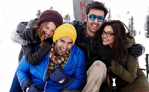 A still from 'YJHD' ft. Kalki Koechlin (top, left), Ranbir Kapoor (top, right), Aditya Roy Kapoor (bottom, left), and Deepika Padukone