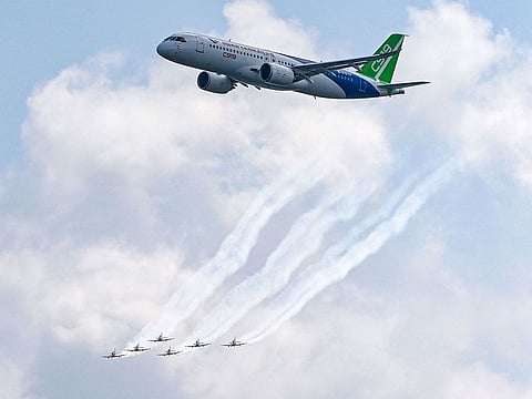 Comac’s narrow-body C919 made its first trip outside Chinese territory, staging a fly-by at the Singapore Airshow.