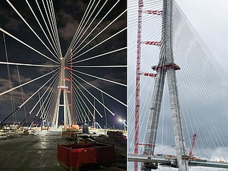 The under-construction Gordie Howe International Bridge is a cable-stayed bridge that uses a series of cables attached to towers to support the bridge deck, providing both strength and flexibility. The bridge is anticipated to open in late 2024.