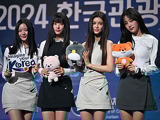 K-pop girl group 'NewJeans' members (L-R) Hanni, Haerin, Danielle and Minji during an appointment ceremony of the 2024 Korea Tourism Honorary Ambassador.