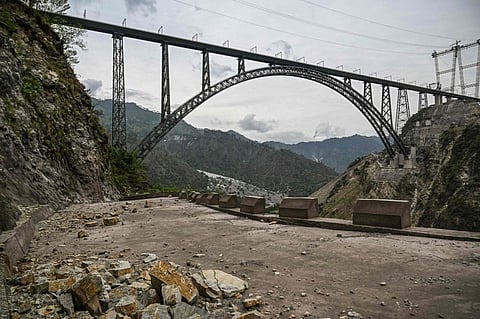 The Chenab bridge, the world's highest rail arch bridge in Reasi, Jammu and Kashmir.  