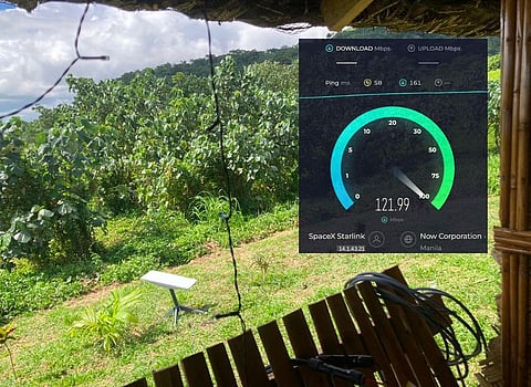 A Starlink kit. Inset shows a typical speed of a stationary setup.