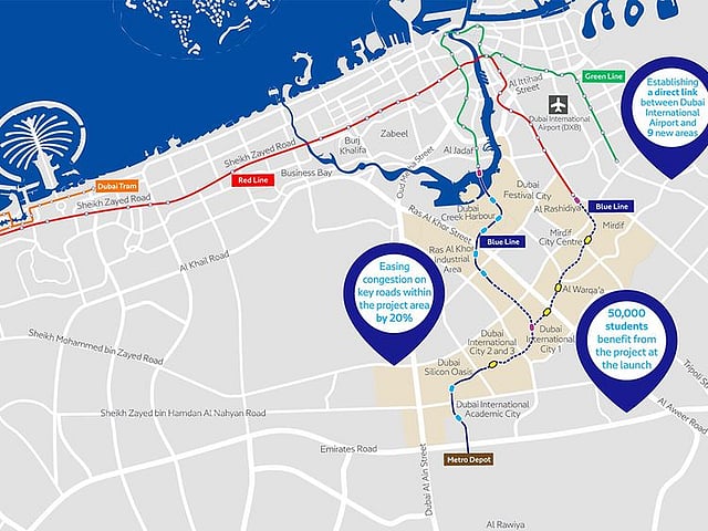Dubai Metro Blue Line will have two main routes. The first route will begin at the Creek Interchange Station on the Green Line, located in Al Jaddaf. It will then pass through Dubai Festival City, Dubai Creek Harbour and Ras Al Khor, before reaching Dubai International City 1, which has an interchange station. The route will continue towards Dubai International City 2 and 3, extending to Dubai Silicon Oasis and up to the Academic City. This section spans 21 km and features 10 stations.