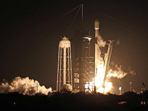 A SpaceX Falcon 9 rocket lifts off from launch pad LC-39A at the Kennedy Space Center with the Intuitive Machines' Nova-C moon lander mission, in Cape Canaveral, Florida, on February 15, 2024. The IM-1 mission is part of NASA’s Commercial Lunar Payload Services (CLPS) program to understand more about the Moon’s surface ahead of the coming Artemis missions. 