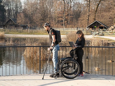Gert-Jan takes steps with the aid of implants in his brain and spinal cord, the subject of a study published Wednesday in Nature. 