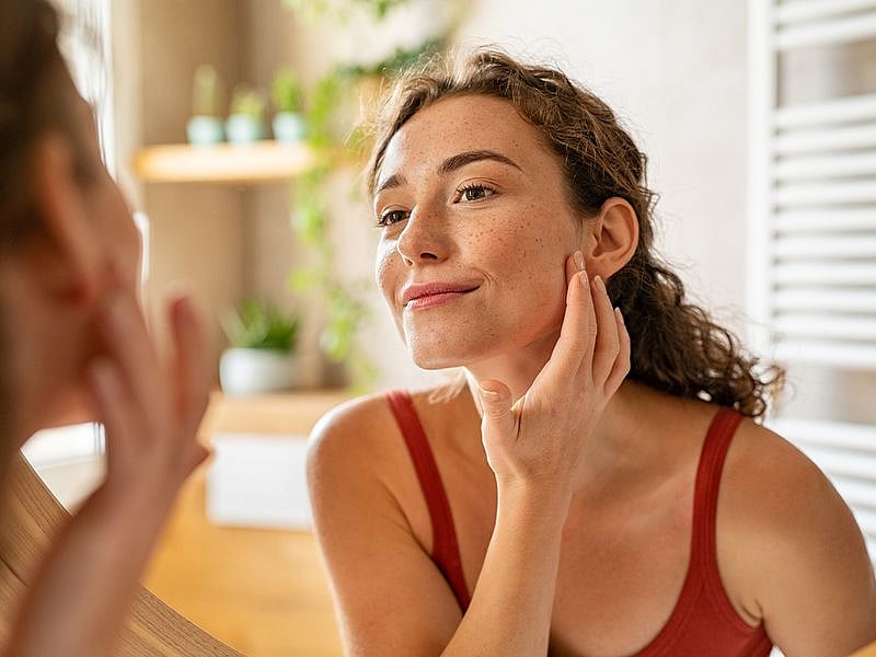 Woman taking on a skincare routine