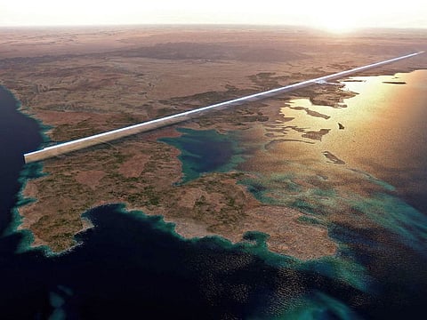 A handout picture provided by Saudi Arabia's NEOM on July 26, 2022 shows the design plan for the 500-metre tall parallel structures, known collectively as The Line, in the heart of the projected Red Sea megacity NEOM.