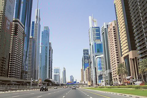 Dubai skyline along Shaikh Zayed Road.