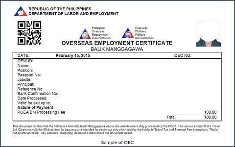 An Overseas Employment Certificate (OEC).