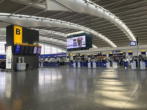 A view of the near empty departure area at London's Heathrow Airport's Terminal 5 departure