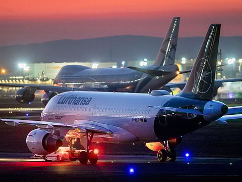Lufthansa aircrafts are parked at the airport in Frankfurt. 