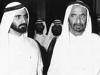 The late Sheikh Rashid Bin Saeed Al Maktoum (right), with High Highness Sheikh Mohammed Bin Rashid Al Maktoum, Vice President and Prime Minister of the UAE and Ruler of Dubai.